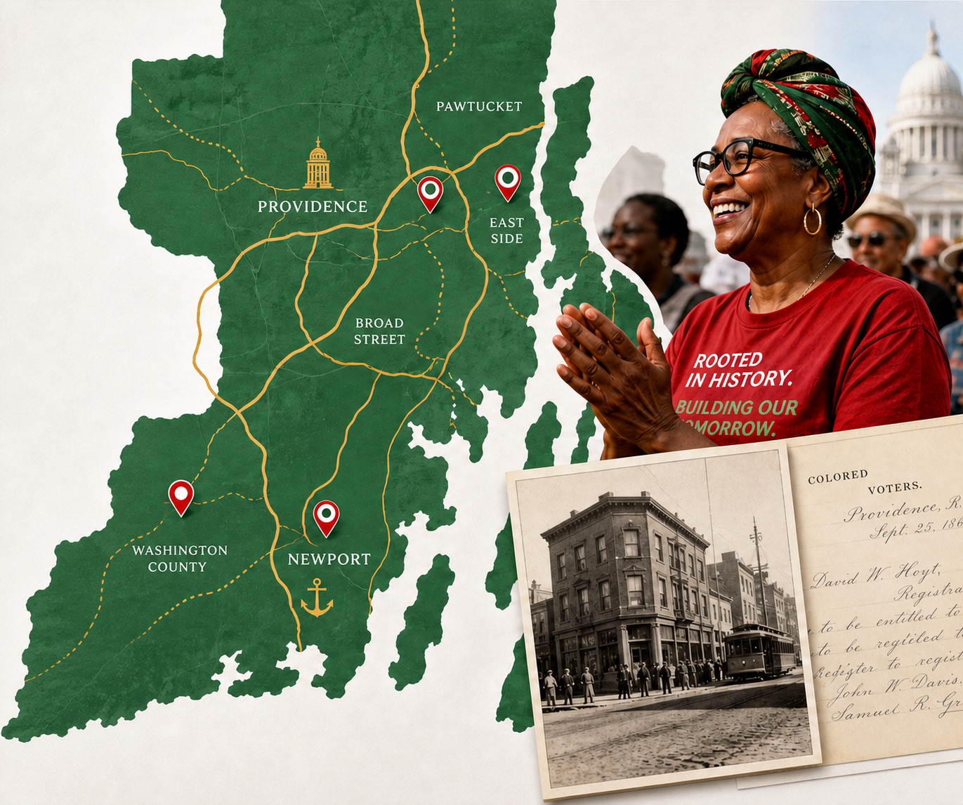 Stylized Rhode Island heritage map with community, archive, and civic imagery
